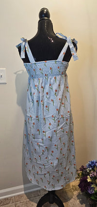 Solid Tie Midi-Dress with Tulip Prints