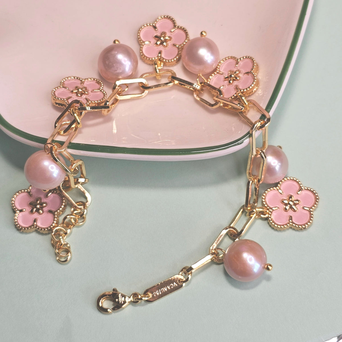 Peach Pearl & Pink Floral in Link Chain