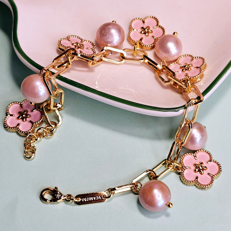 Peach Pearl & Pink Floral in Link Chain