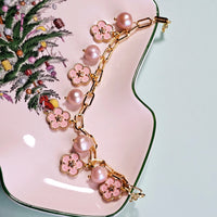 Peach Pearl & Pink Floral in Link Chain